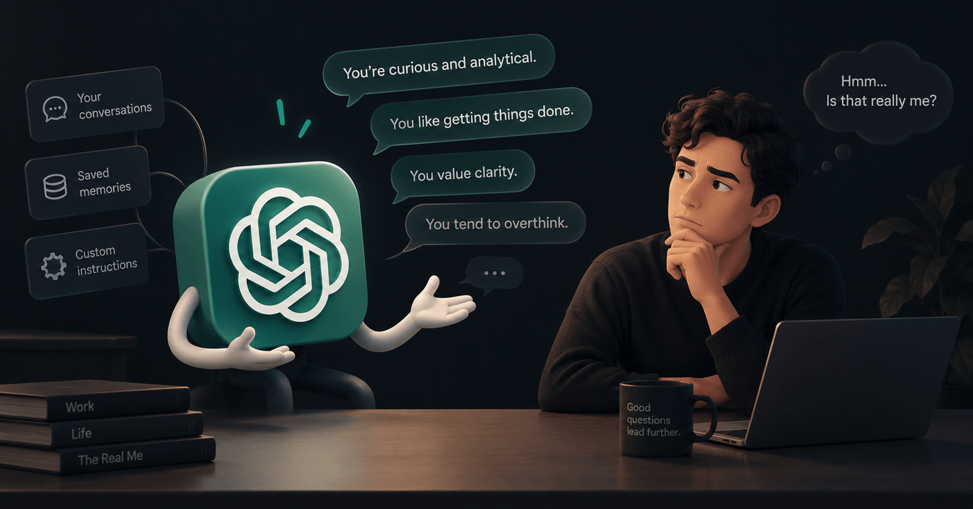 A ChatGPT app icon with cartoon arms reading out generic personality lines while a man at a laptop wonders whether that is really him. Three labels float beside it: your conversations, saved memories, custom instructions.