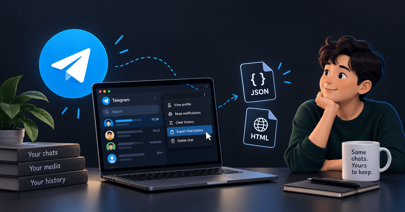Telegram Desktop on a laptop with the three dot menu open and Export chat history highlighted, an arrow leading to a JSON file and an HTML file, and a person watching.