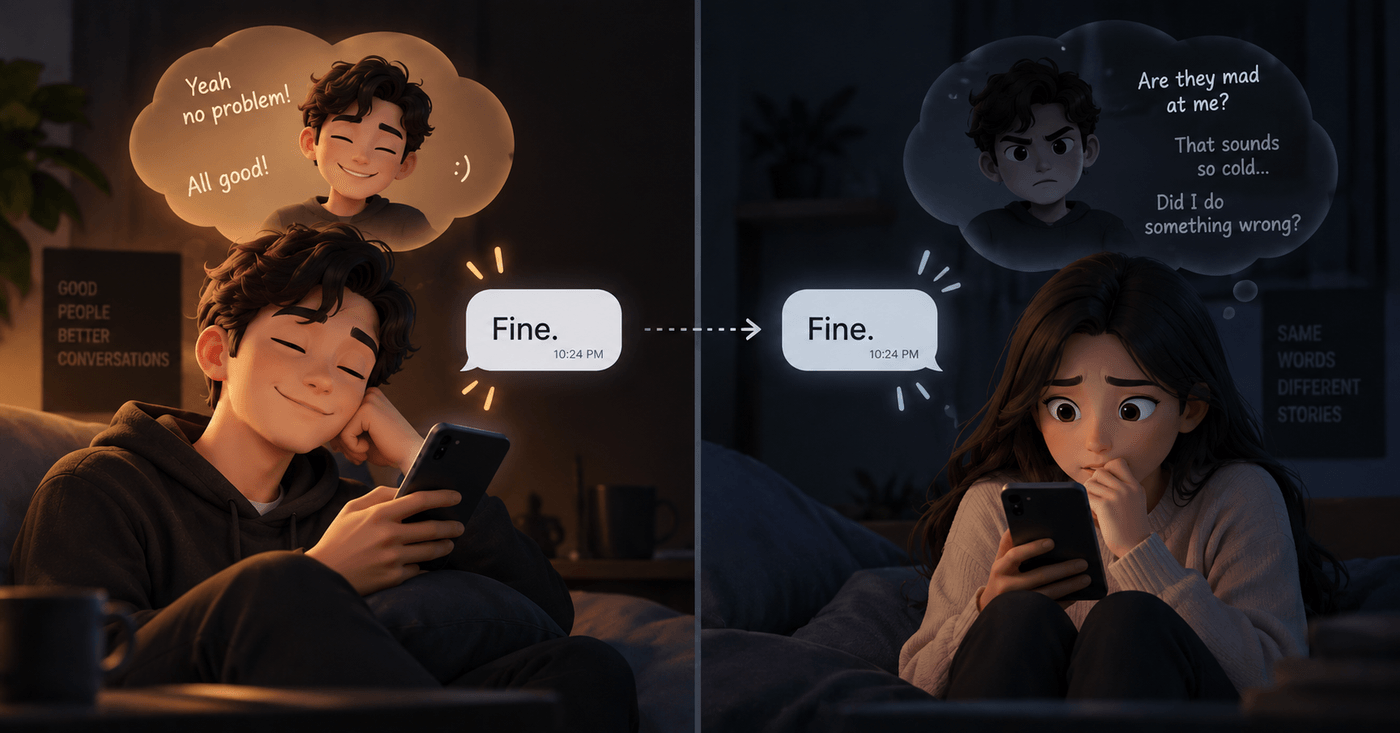 The same message, Fine., sent and received. On the left the sender smiles, thinking yeah no problem, all good. On the right the recipient looks anxious, wondering are they mad at me, that sounds so cold, did I do something wrong.